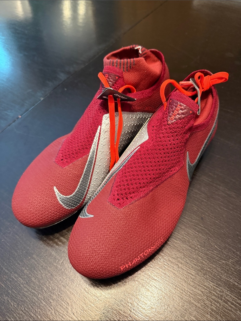 Nike Kids Maroon and Orange Soccer Sneakers with Silver Swoosh